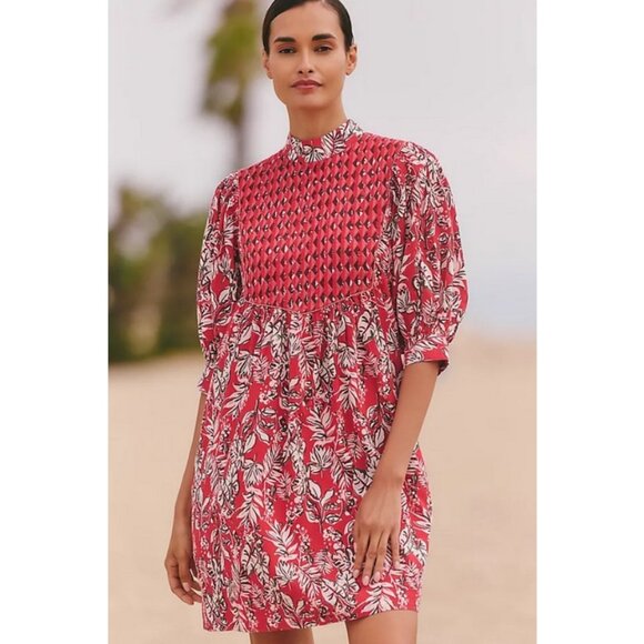 ANTHROPOLOGIE RO'S GARDEN Jamelia Puff-Sleeve Mini Dress Red Pattern Medium NWOT - Picture 2 of 13